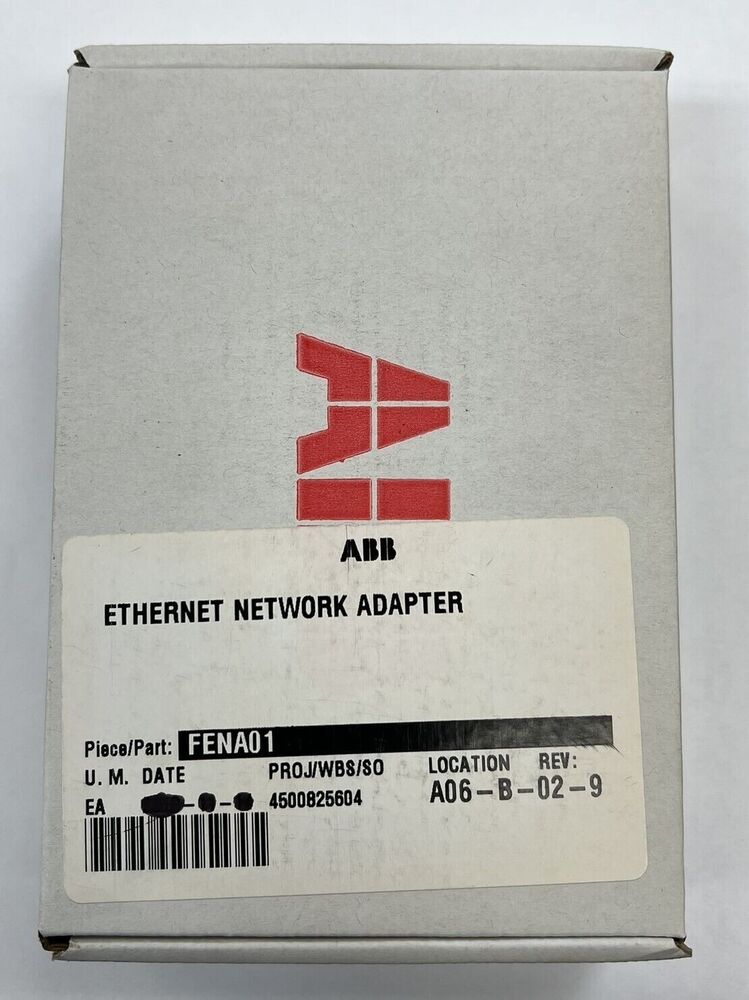 ABB FENA-01 Ethernet Adapter box. Industrial automation I/O module. Gray box, white label, ABB logo.