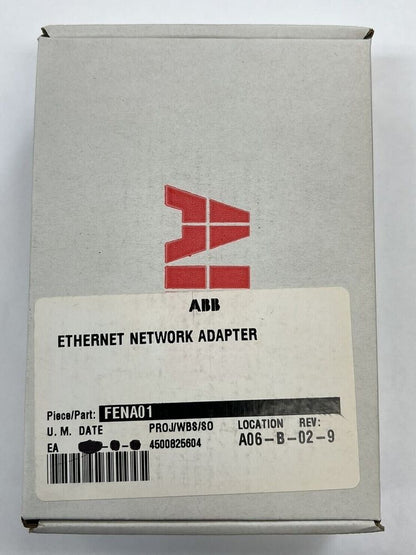 ABB FENA-01 Ethernet Adapter box. Industrial automation I/O module. Gray box, white label, ABB logo.