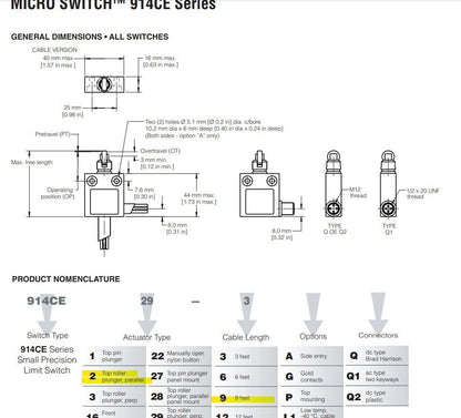 One Honeywell 914CE2-9 Microswitch SPDT Roller Plunger 9-ft Cable Scotland NEW