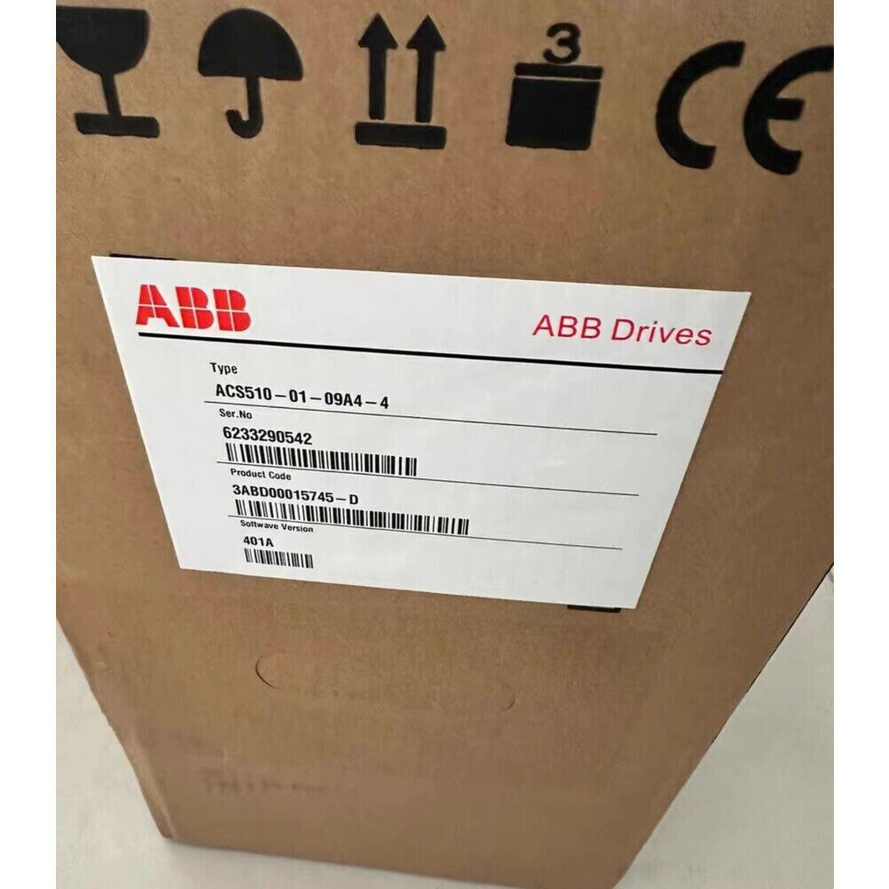 ABB ACS510-01-09A4-4 Frequency Converter box label with product details, serial number, and ABB Drives logo