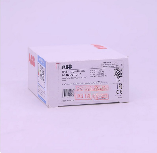 ABB AF16-30-10-13 3p 16a Contactor NEW IN BOX, featuring product details and specifications printed on the packaging.