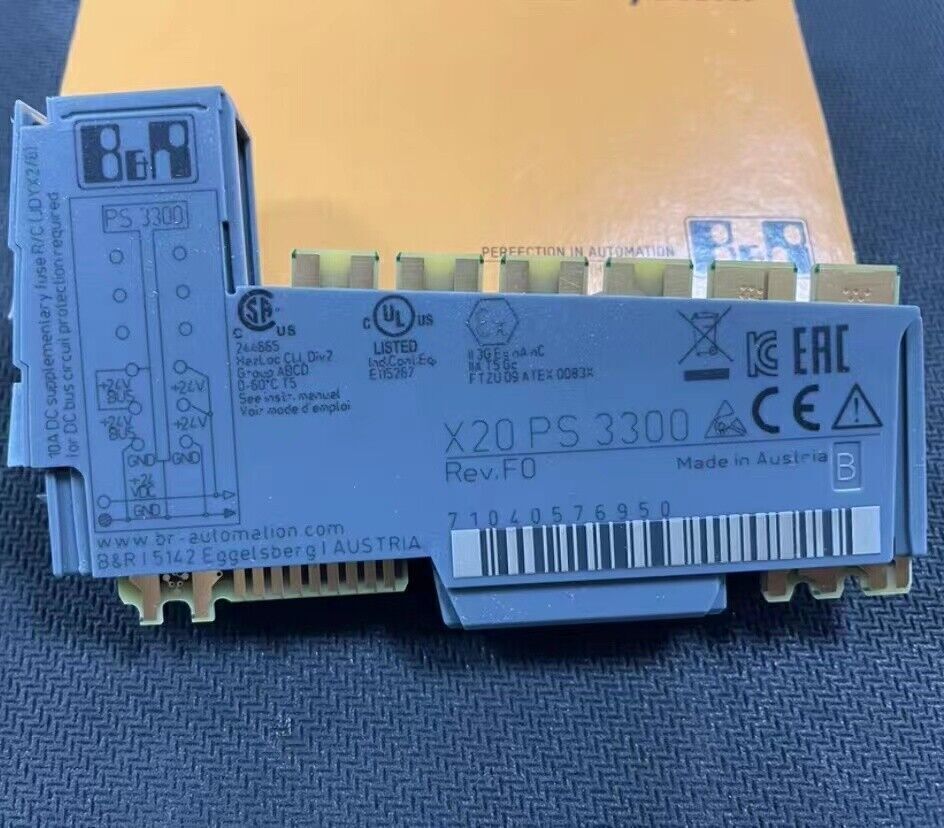 B&R X20 PS 3300 power supply module, side view, displaying model details and labels, 'Made in Austria'.