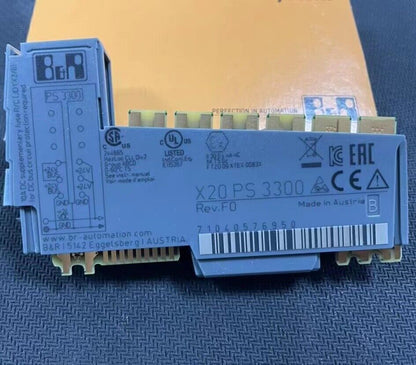 B&R X20 PS 3300 power supply module, side view, displaying model details and labels, 'Made in Austria'.