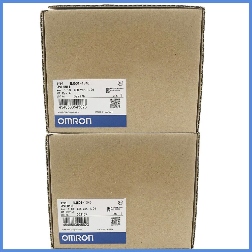 Omron NJ501-1340 CPU Controller Unit boxes, new industrial automation parts, expedited shipping.