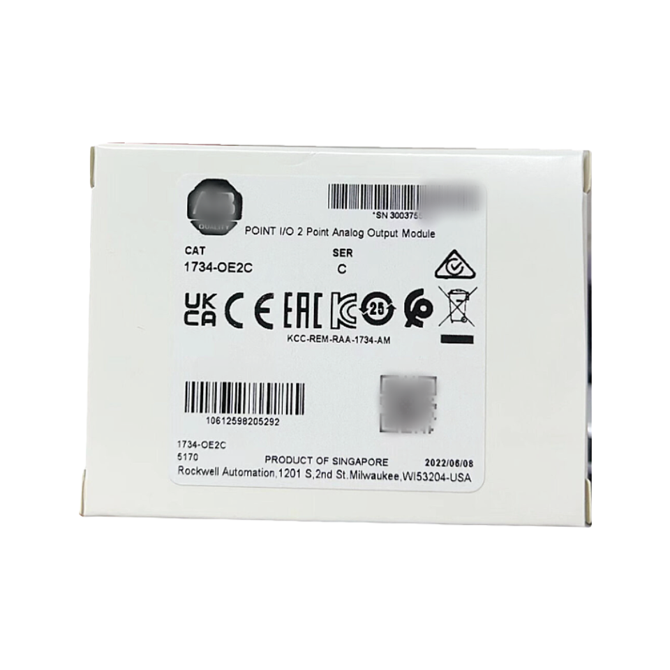 Allen-Bradley 1734-OE2C POINT I/O Analog Output Module box, product of Singapore, white box.