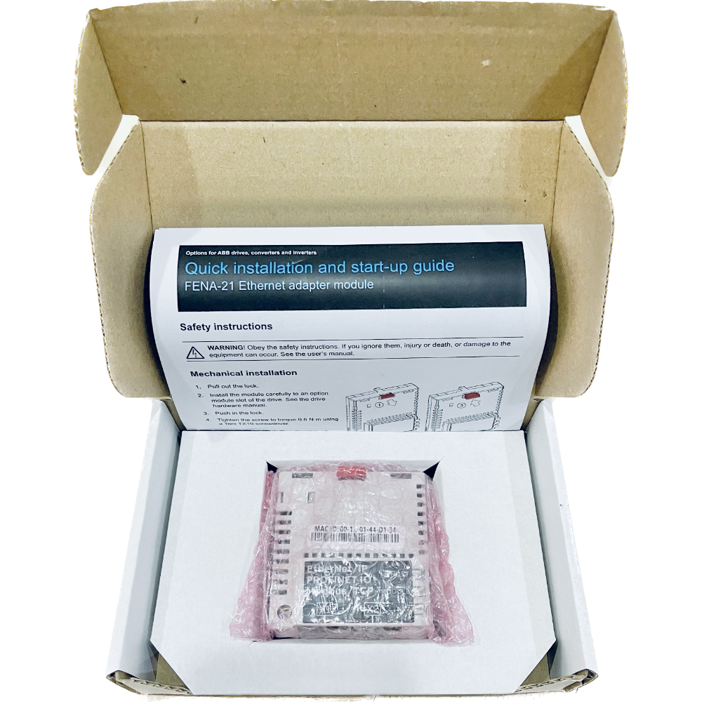 ABB FENA-21 Ethernet adapter module in box, quick installation guide included. Industrial automation equipment.
