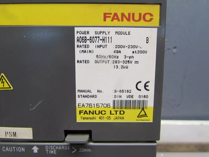 FANUC A06B-6077-H111 Servo Drive Power Supply Module, 200V-230V input. Industrial automation component.