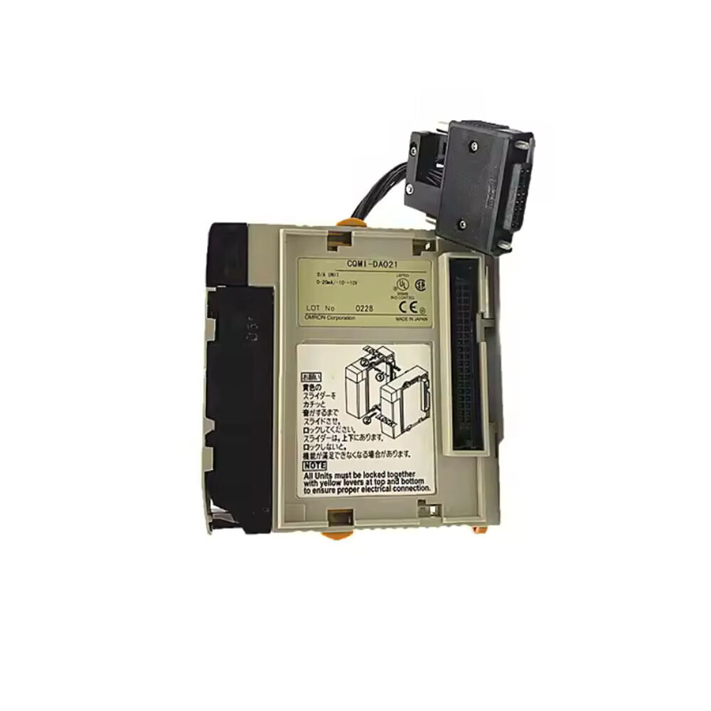 Omron CQM1-DA021 PLC Module. D/A Unit for industrial automation, with text on the module and connector attached.