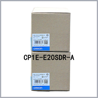 Omron CP1E-E20SDR-A Programmable Controller unit, product packaging boxes, stacked, close-up view