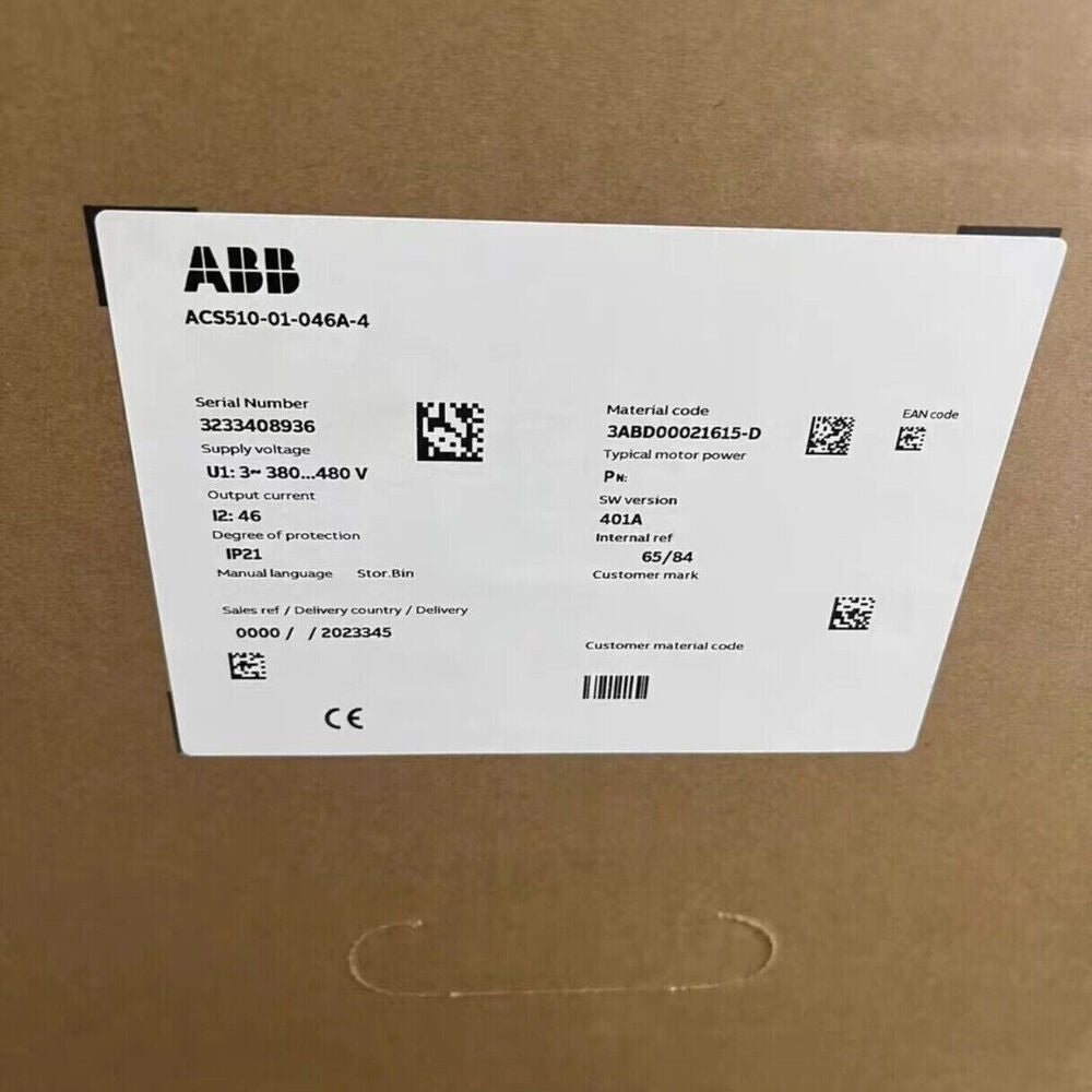 ABB ACS510-01-046A-4 Frequency Converter product label details, serial number, voltage, and specifications.