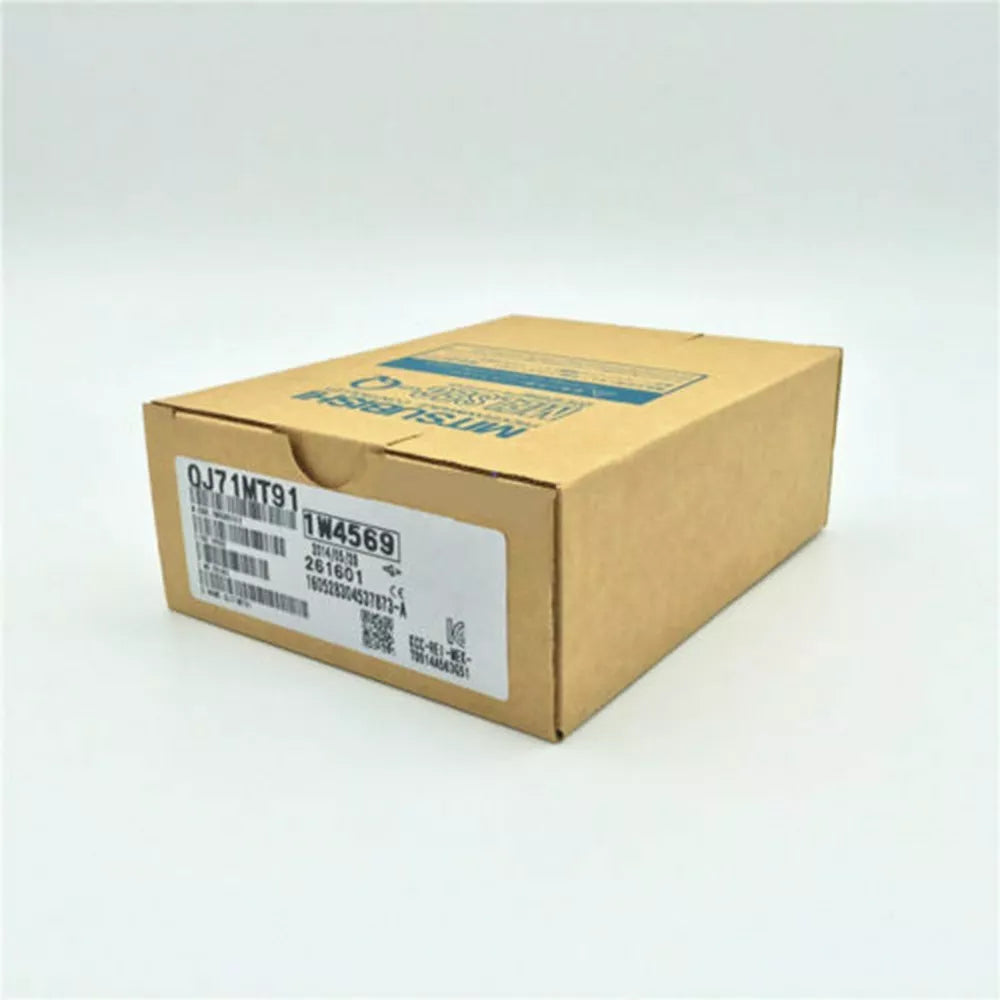Mitsubishi QJ71MT91 PLC module in original packaging, product label visible. Industrial automation part.