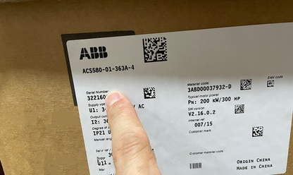 ABB ACS580-01-363A-4 Inverter label with specifications. Includes 200KW motor power, serial number and origin details.
