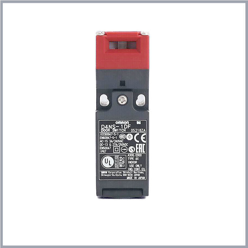 Omron D4NS-1DF Door Switch, black and red, with product information label, Made in Japan.