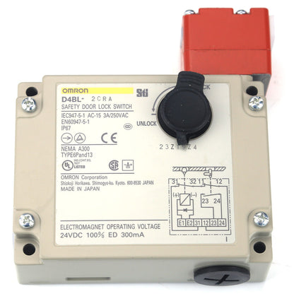 Omron D4BL-2CRA Safety Door Lock Switch, beige body, red top, black knob, product details visible.