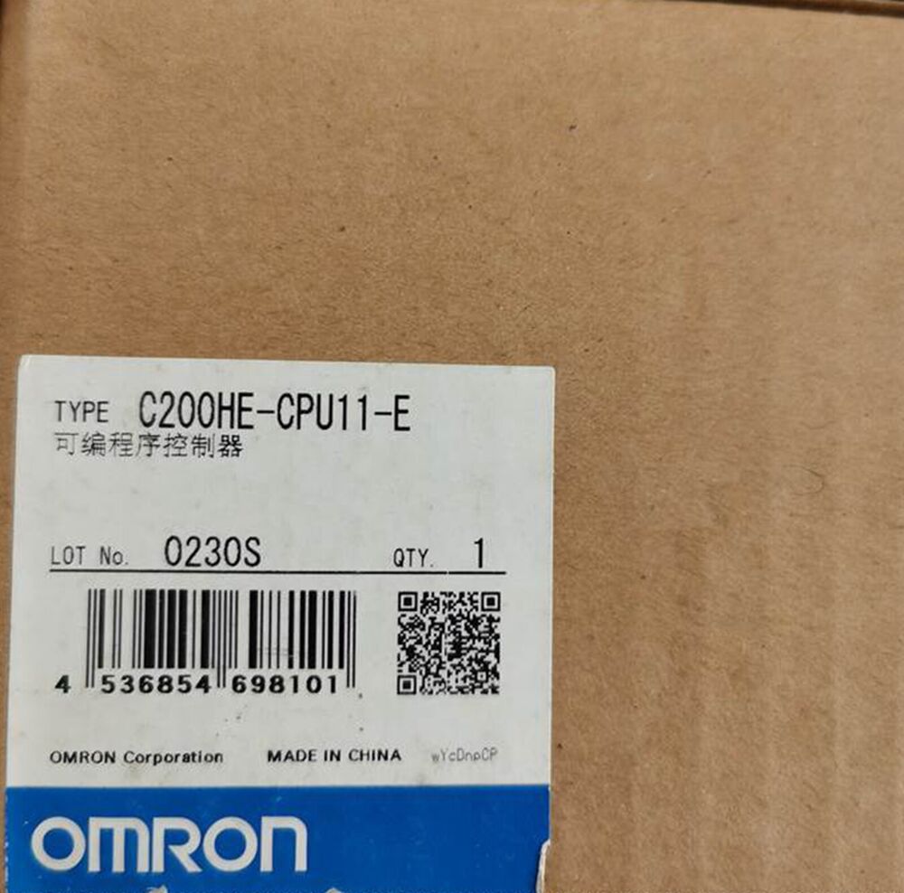 Omron C200HE-CPU11-E PLC box with label, featuring part number, Made in China text, and barcode.