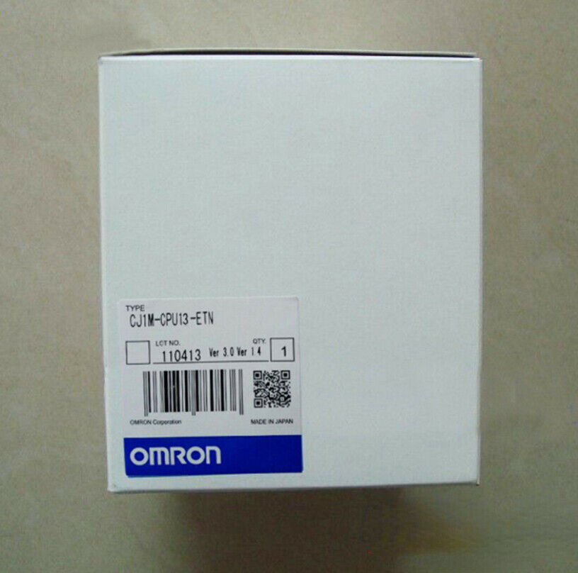 OMRON CJ1M-CPU13-ETN PLC new in box, industrial automation part, made in Japan, with specifications label.