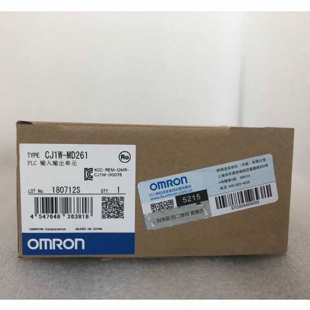 Omron CJ1W-MD261 PLC Module, new in box with product details and QR code.