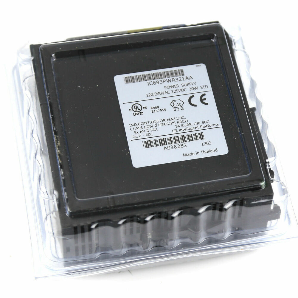 IC693PWR321AA Power Supply Module, black component in clear packaging, product shot.