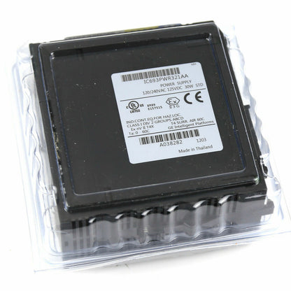 IC693PWR321AA Power Supply Module, black component in clear packaging, product shot.