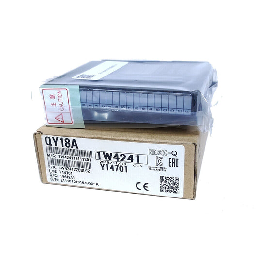 Mitsubishi PLC QY18A module in packaging. Industrial automation spare parts.