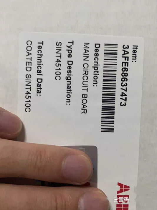 ABB ACS510/550 series SINT4510C power board label, showing item number, main circuit board details, and technical data.