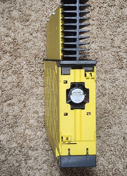 FANUC aiSV 80 Servo Amplifier with cooling fan. Yellow and black industrial equipment.
