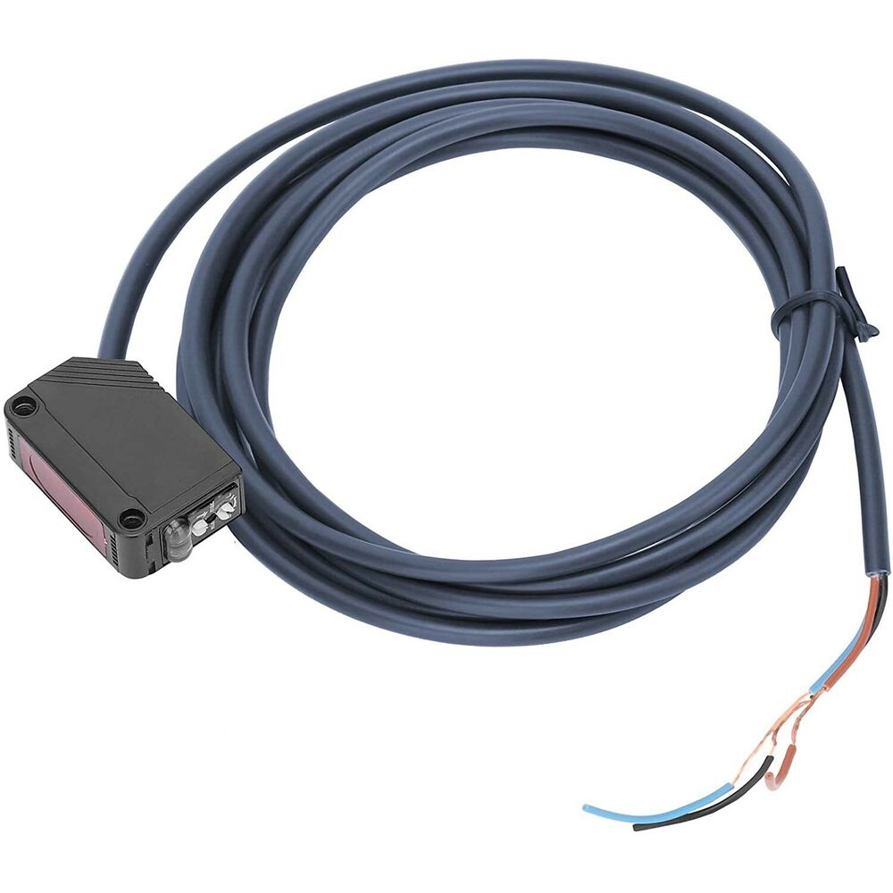 Omron E3Z-D62 photoelectric sensor with dark gray cable, black housing, and exposed wiring, for industrial automation.