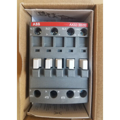 ABB AX32-30-10 Contactor, PLC component, enclosed in a cardboard box. Featuring clear labeling for industrial automation.