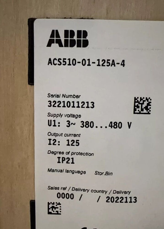 ABB ACS510-01-125A-4 Frequency Converter information label, 380V, 125A.