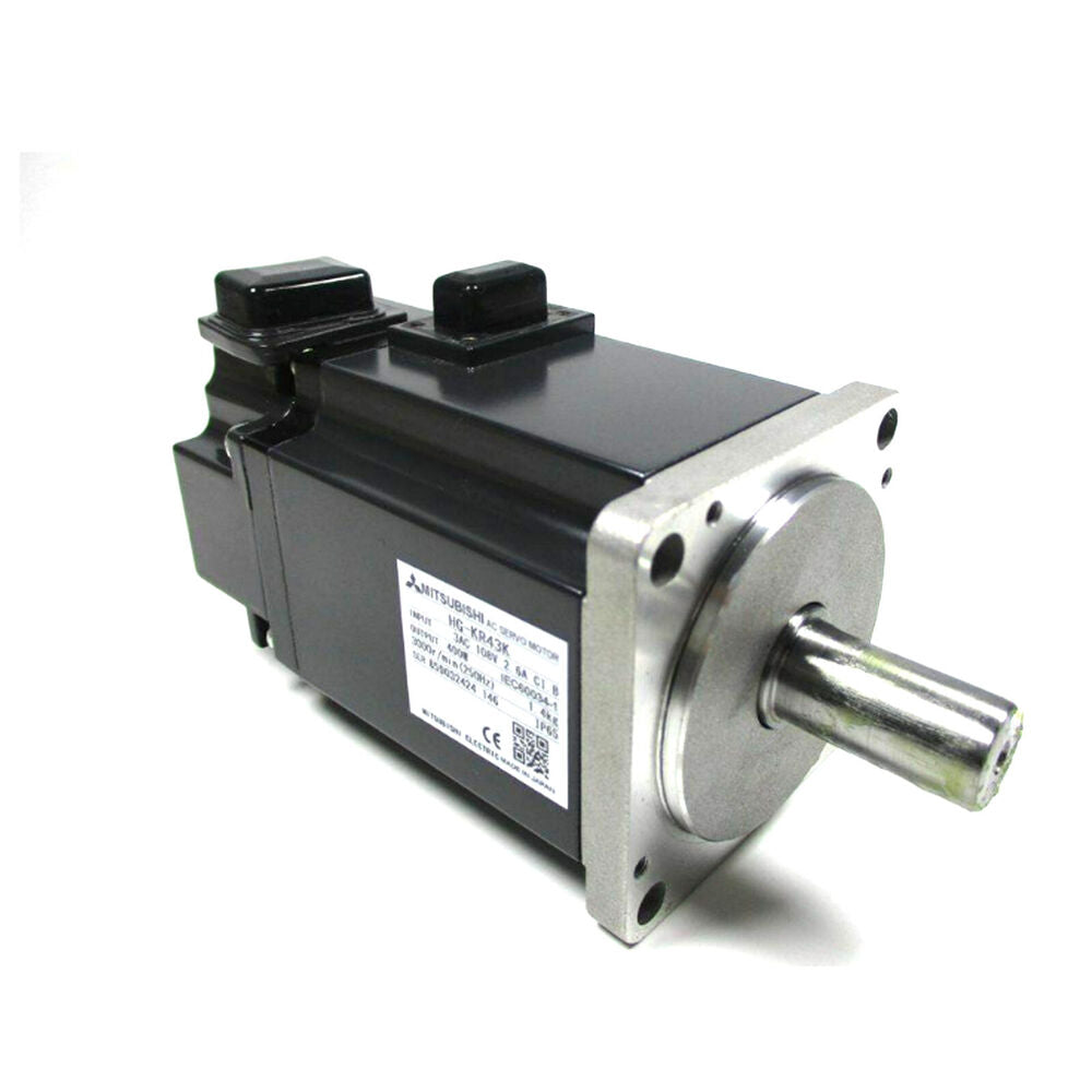 Mitsubishi HG-KR43K AC Servo Motor, industrial automation equipment, black motor with silver flange and shaft