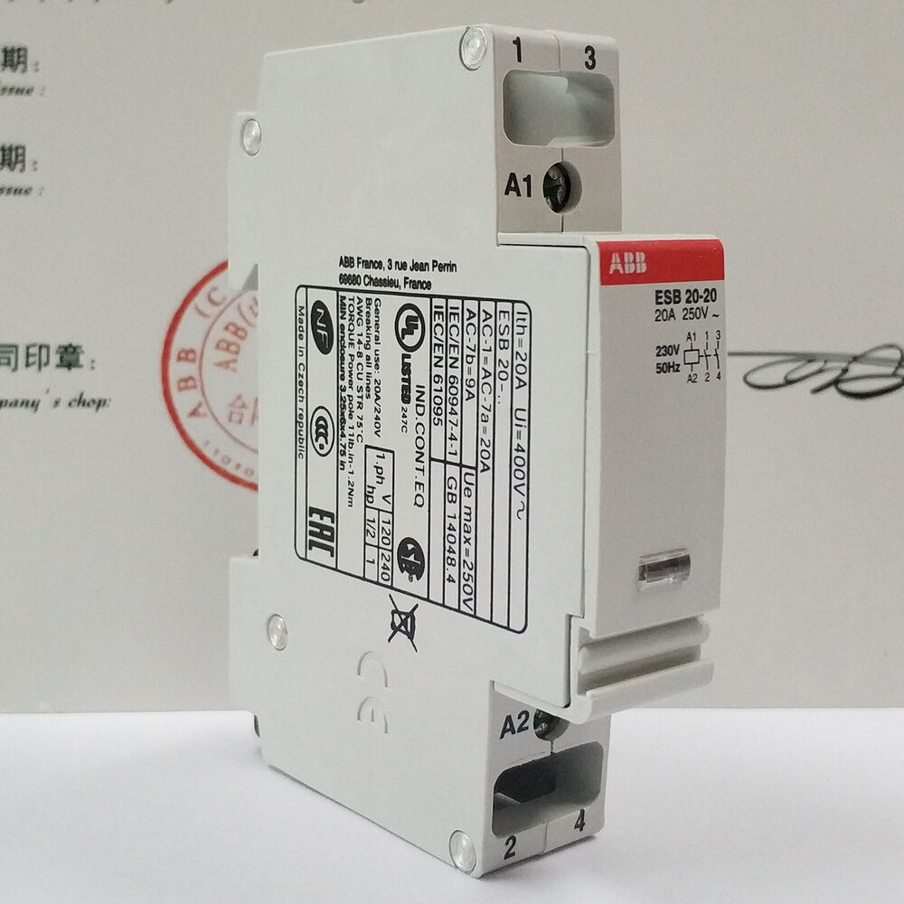 ABB ESB20-20 Installation Contactor, white HMI component with specifications label.