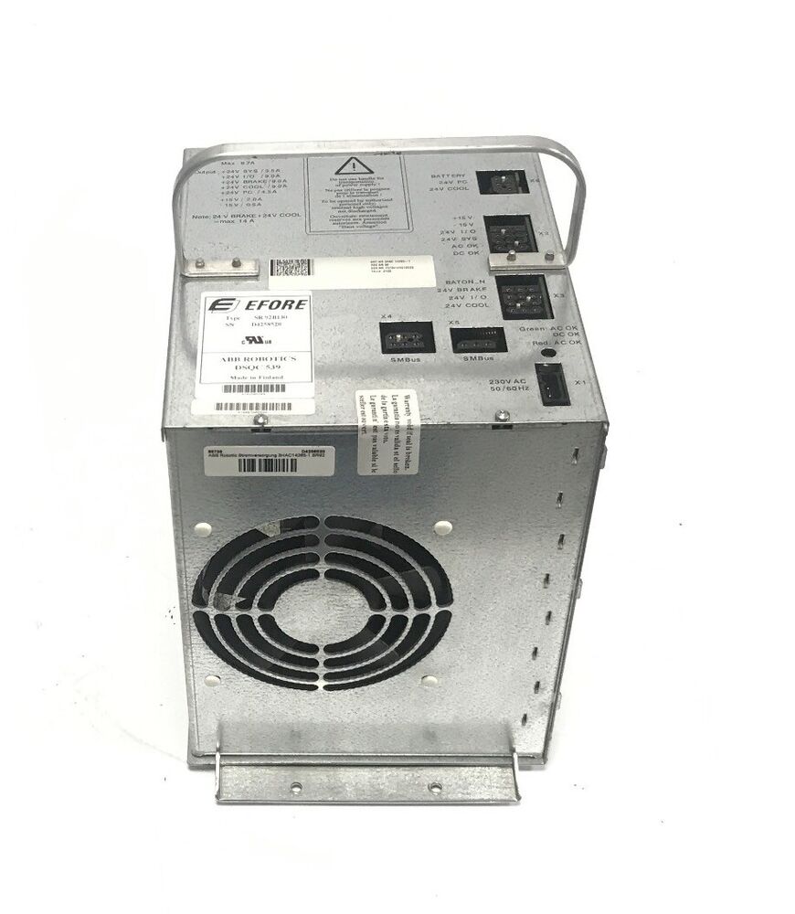ABB 3HAC14265-1 Robotic Power Supply, SR92B130. Silver metal enclosure, EFORE label, cooling fan, industrial automation part.