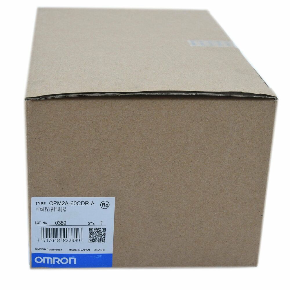 OMRON CPM2A-60CDR-A PLC in a cardboard box. New industrial automation part, CPM2A60CDRA model, fast shipping.