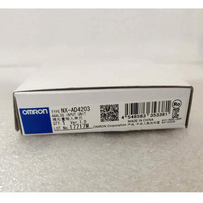 Omron NX-AD4203 Analog Input Unit in box, industrial automation part, new condition, made in China, featuring the Omron logo.