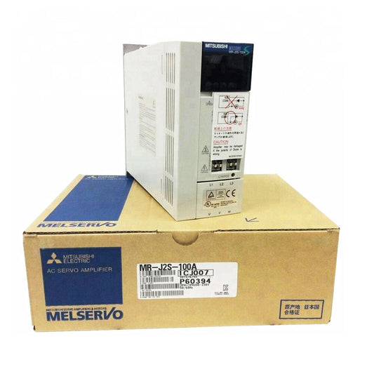 Mitsubishi MR-J2S-100A AC Servo Drive displayed on its original packaging, showing product details and specifications.