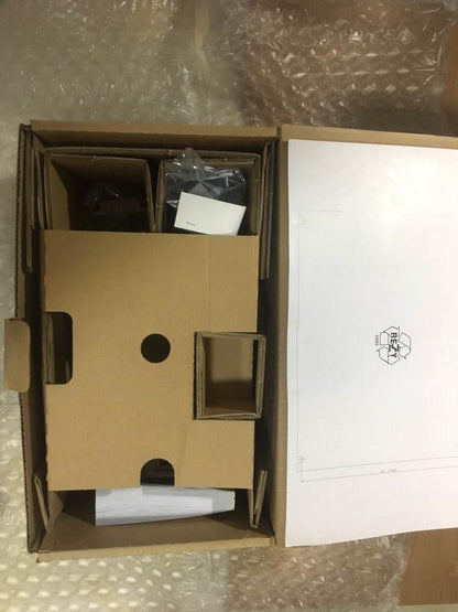 ABB ACS355 Inverter packaging, opened cardboard box with components, REZY logo, industrial automation parts.