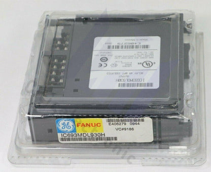 FANUC IC693MDL930H PLC module in clear packaging, product label with E406279 and VC#9186, industrial automation part.
