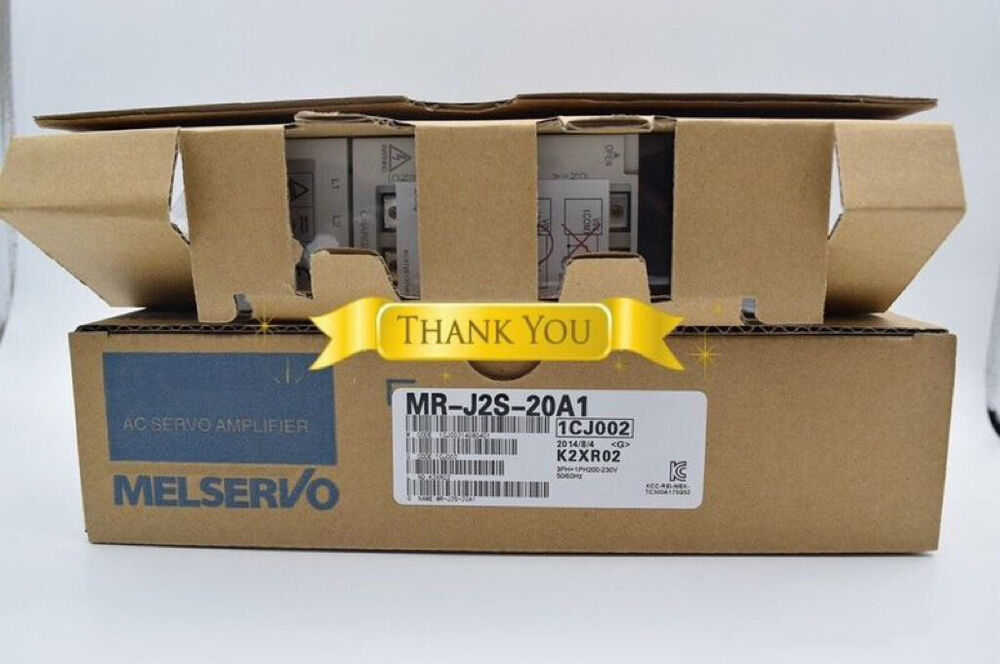 Mitsubishi MR-J2S-20A1 Servo Driver in box, AC servo amplifier product, top view, with Thank You ribbon.