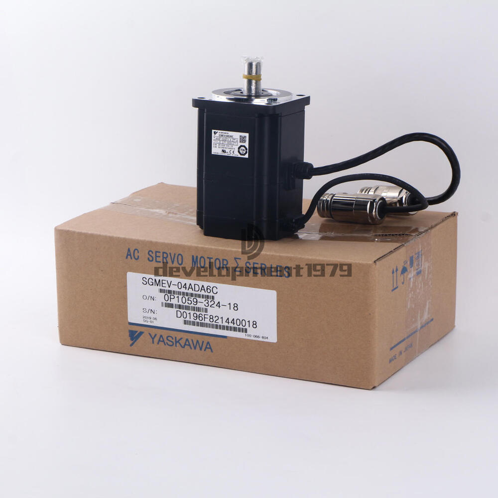 YASKAWA AC Servo Motor SGMEV-04ADA6C on box. Black industrial motor with attached cables, product view.