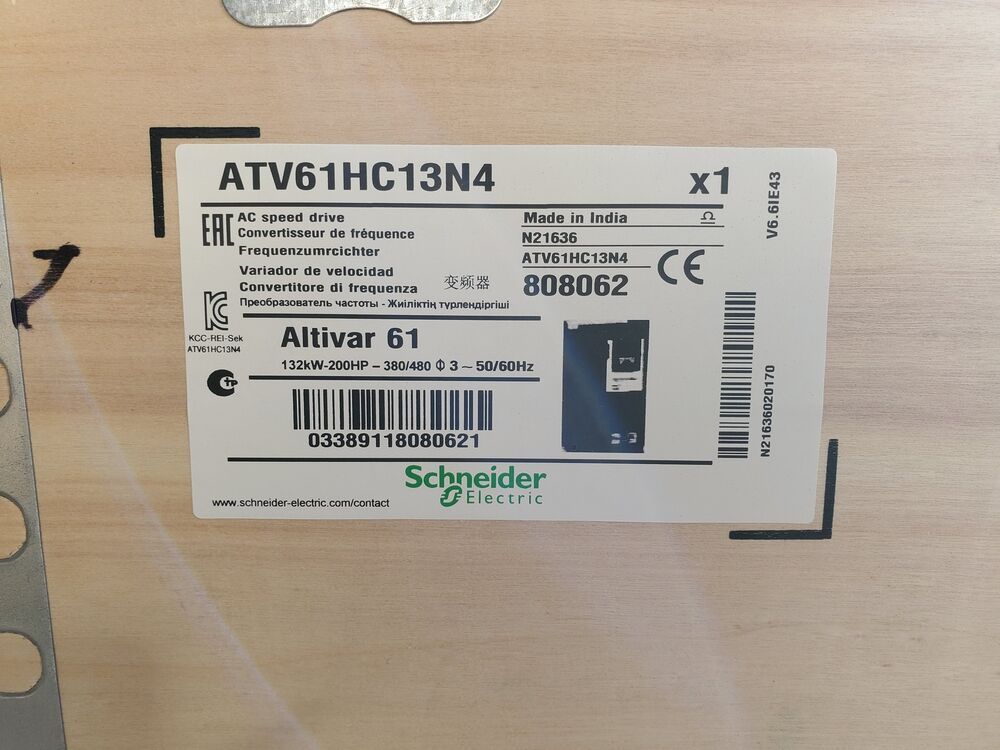 Schneider ATV61HC13N4 Variable Frequency Drive (VFD) label, 200HP, industrial automation component.