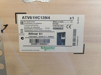 Schneider ATV61HC13N4 Variable Frequency Drive (VFD) label, 200HP, industrial automation component.