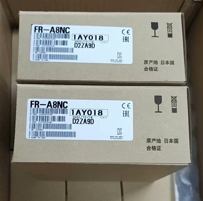 Mitsubishi FR-A8NC Communication Module, New in Box, product label visible with model number and production details.