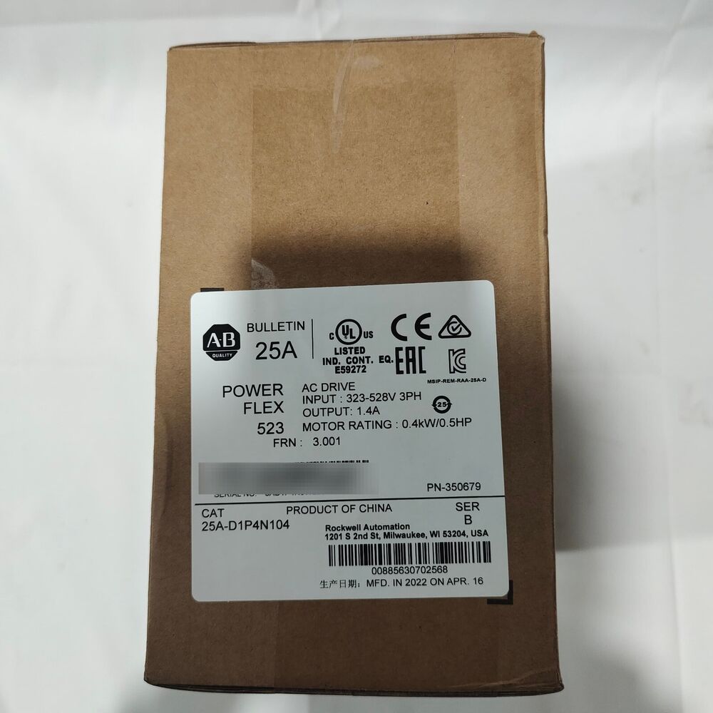Allen-Bradley PowerFlex 523 AC Drive 25A-D1P4N104, 0.4kW industrial automation part in box.