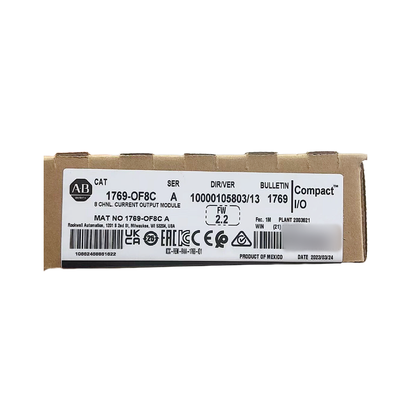 Allen-Bradley 1769-OF8C Compact I/O module, 8-channel current output. Product label with specifications.