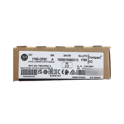 Allen-Bradley 1769-OF8C Compact I/O module, 8-channel current output. Product label with specifications.