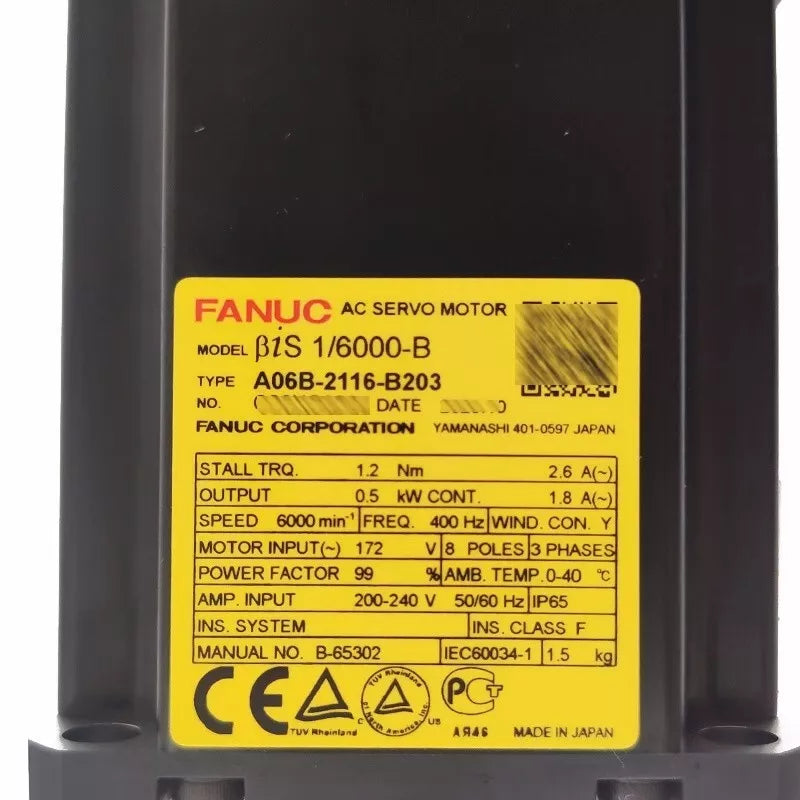 FANUC A06B-2116-B203 Servo Motor, industrial automation part, with product specifications