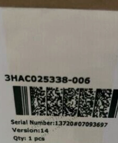 ABB Servo Drive product label with model number 3HAC025338-006, serial number, version, and quantity