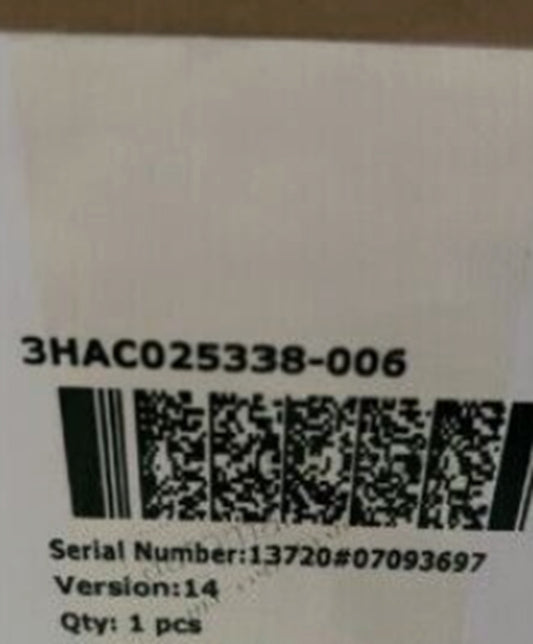 ABB Servo Drive product label with model number 3HAC025338-006, serial number, version, and quantity