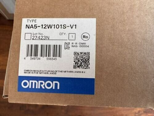 Omron NA5-12W101S-V1 Touch Screen box, featuring product details and manufacturing information.