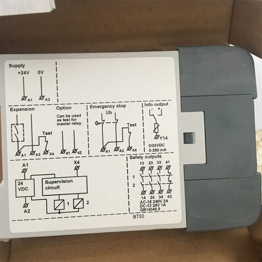 ABB BT50 safety relay wiring diagram, terminals, industrial automation specifications: AC-15 240V 2A.